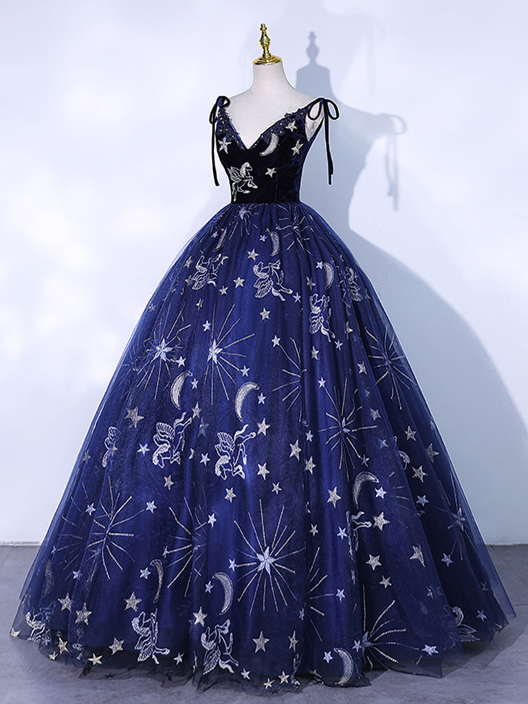 Dark Blue A-Line Tulle Lace Long Prom Dress, Dark Blue Long Formal Dre