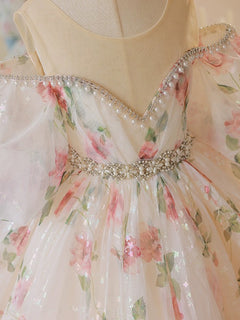 A-Line Off Shoulder Tulle Lace Champagne Long Flower Girl Dress