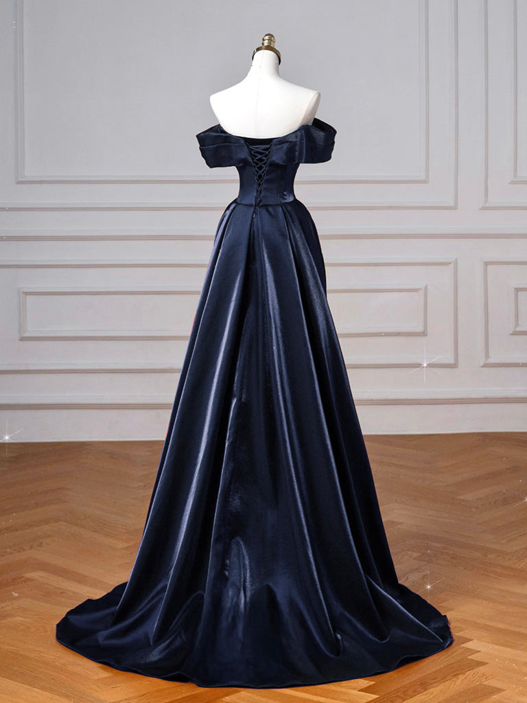 Simple Off Shoulder Satin Dark Blue Long Prom Dress, Dark Blue Long Formal Dress