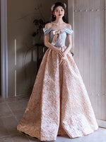 A-Line Off Shoulder Satin Pink Long Prom Dress, Pink Long Evening Dress