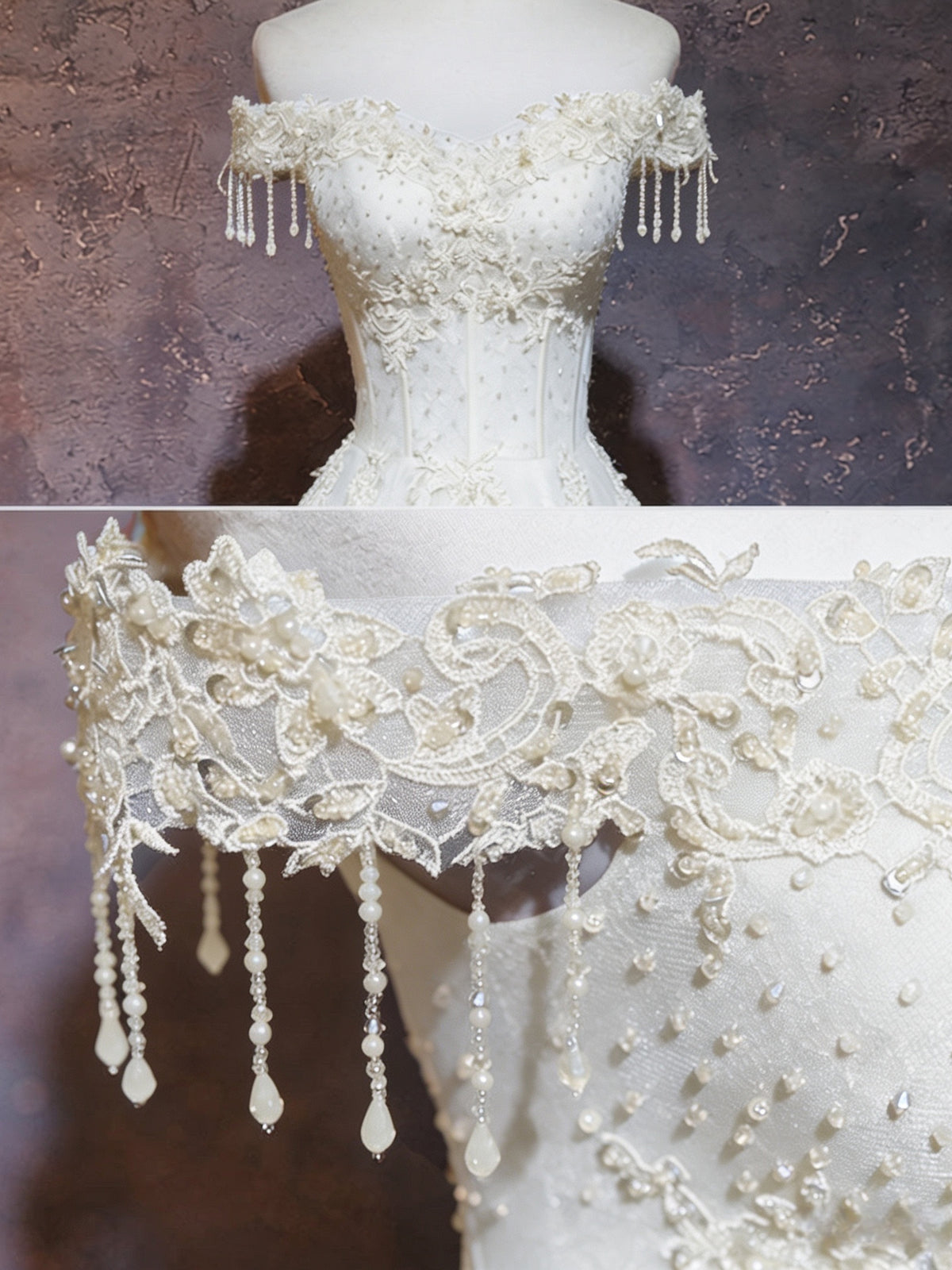 A-line Sweetheart Off Shoulder Tulle Lace Beige Long Prom Dress with Beads