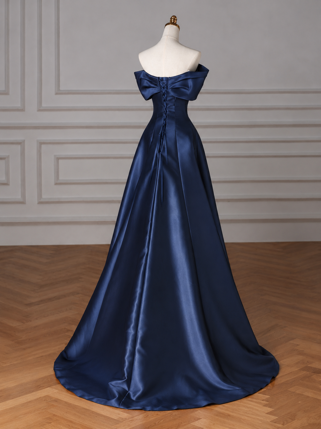A-line Off Shoulder Satin Dark Blue Long Prom Dress