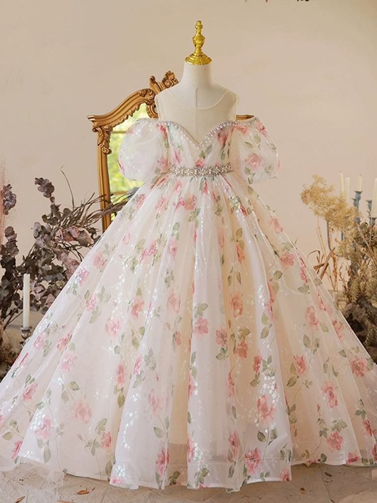 A-Line Off Shoulder Tulle Lace Champagne Long Flower Girl Dress