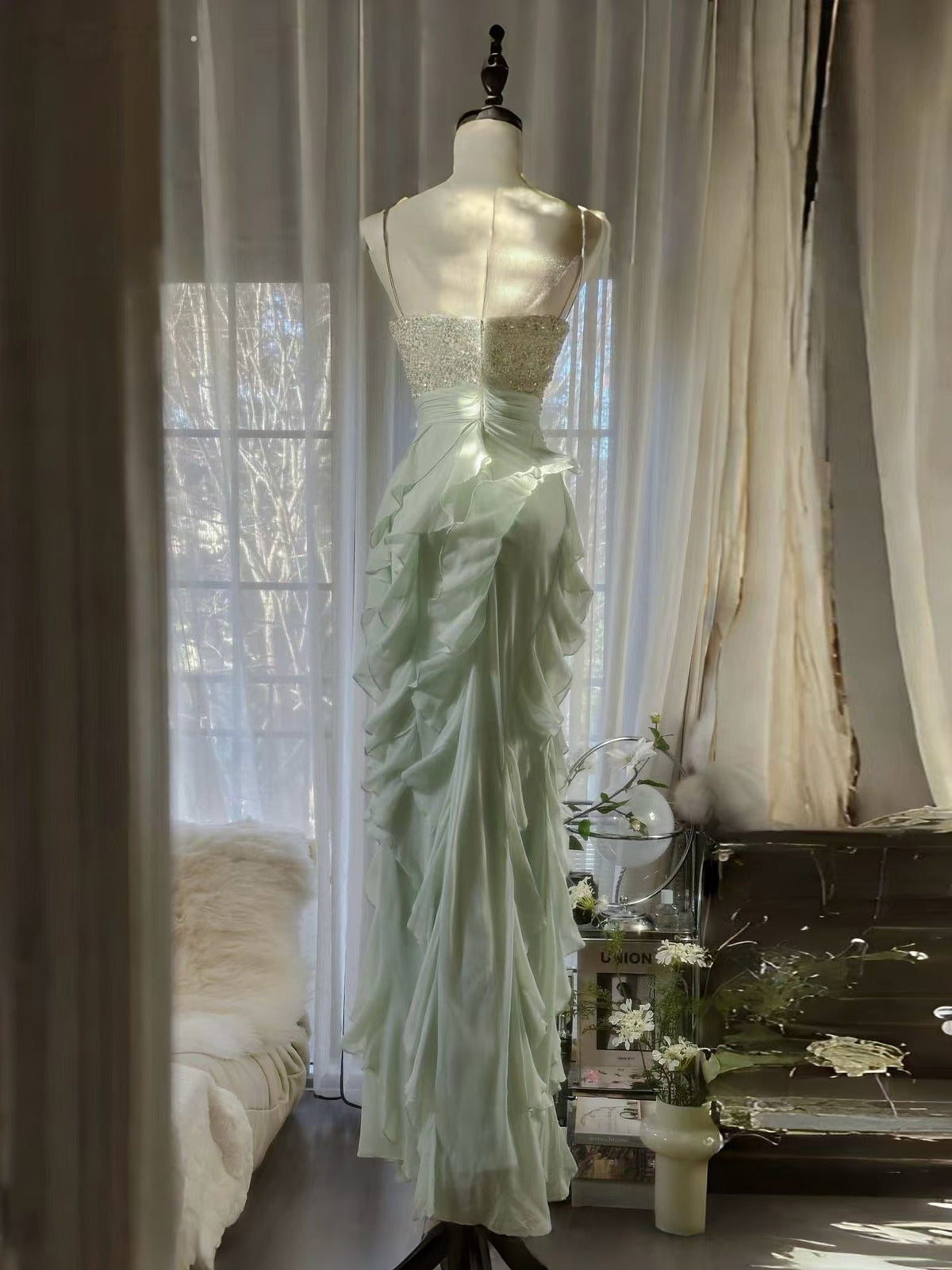 A-line Sweetheart Chiffon Ruffles Long Green Prom Dress with Sequin Beads