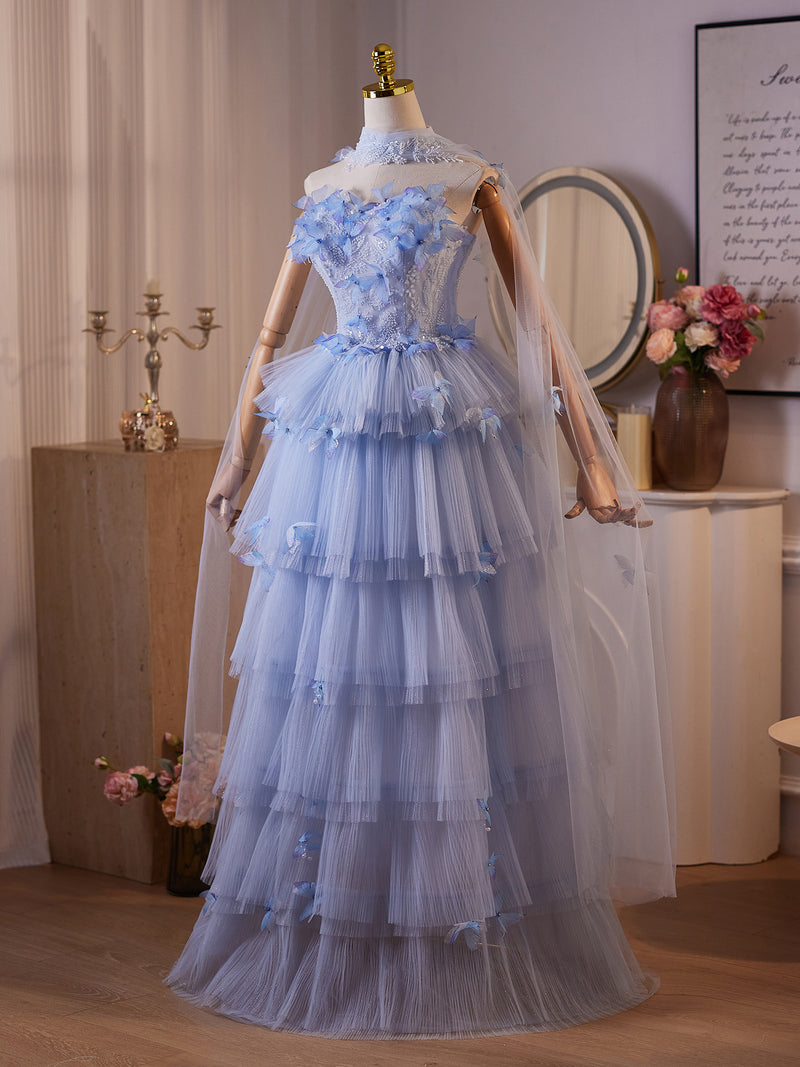 A-Line Tulle Flower Blue Long Prom Dress, Blue Long Evening Dress