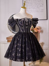 A-Line Off Shoulder Tulle Beads Black Prom Dress, Black Homecoming Dress