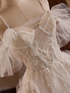 Off Shoulder Tulle Lace Light Champagne Long Prom Dress, Light Champagne Sweet 16 Dress