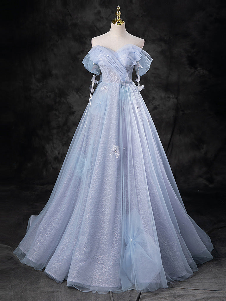Blue A-Line Off Shoulder Tulle Long Prom Dress, Blue Formal Dress
