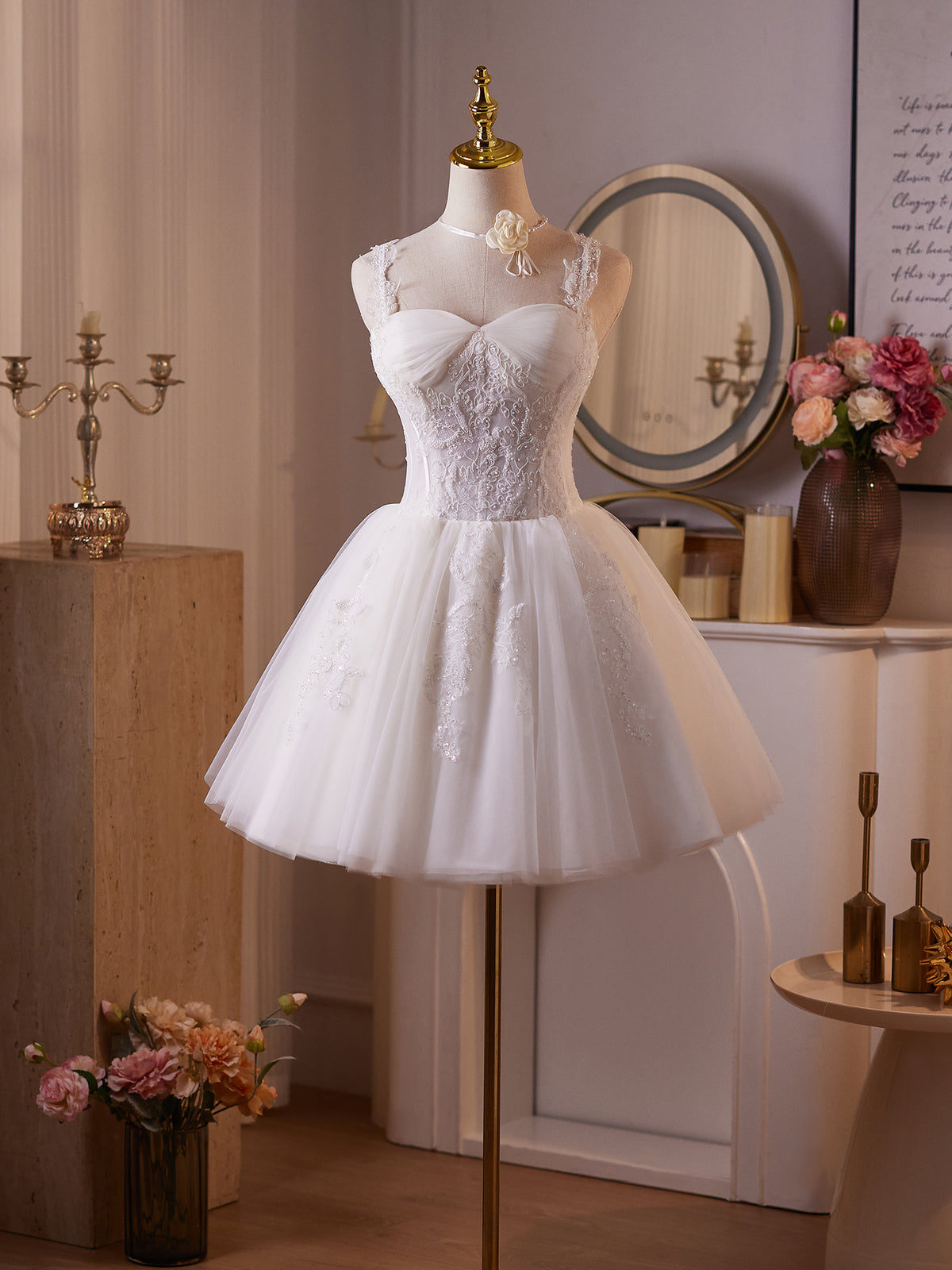 White Tulle Lace Short Prom Dress, White Homecoming Dress