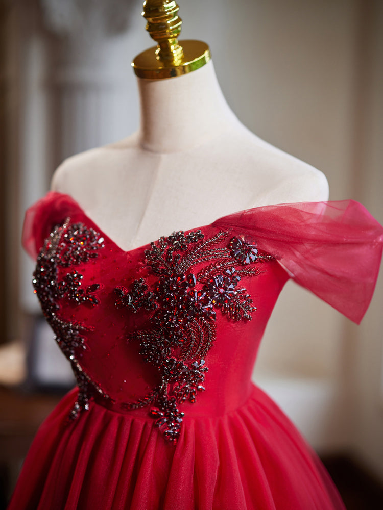 A-Line Off Shoulder V Neck Tulle Burgundy Short Prom Dress with Beads