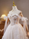 A-Line Off Shoulder Tulle Lace Beige Short Prom Dress, Beige Homecoming Dress