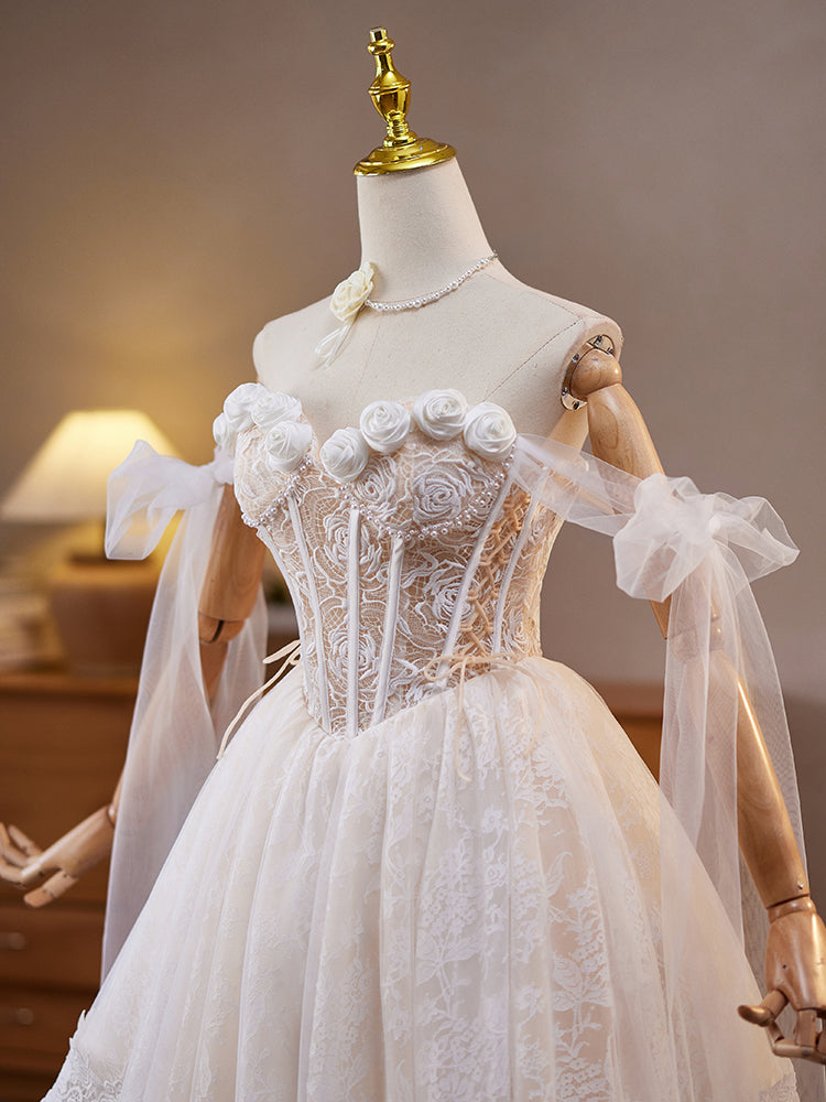 A-Line Off Shoulder Tulle Lace Beige Short Prom Dress, Beige Homecoming Dress