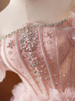 Cute Tulle Beads Flower Pink Short Prom Dress, Pink Homecoming Dress