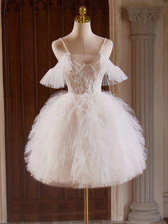 Ball Gown Tulle Lace Light Champagne Short Prom Dress with Beads