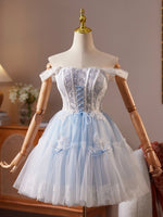 A-Line Tulle Lace Blue Short Prom Dress, Blue Homecoming Dress
