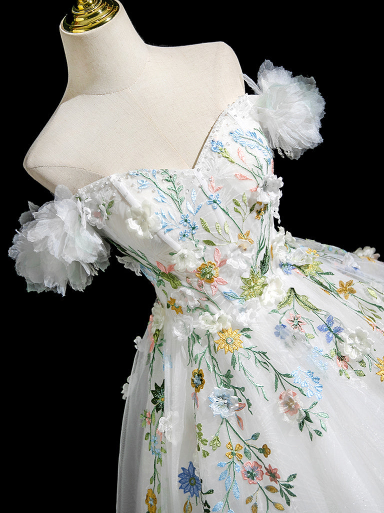 A-Line Tulle Lace White Long Prom Dress, White Long Evening Dress