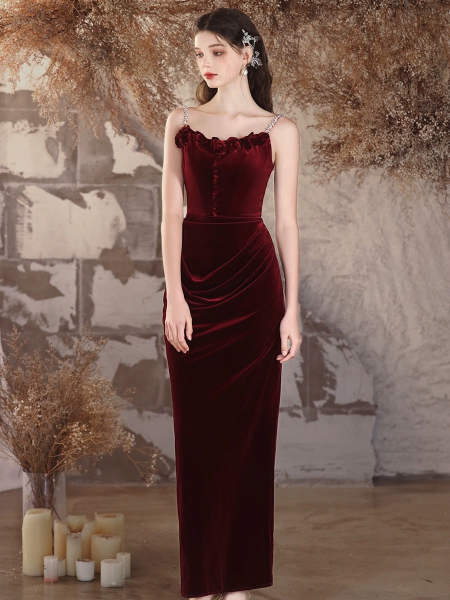 Simple Velvet Mermaid Burgundy Long Prom Dress, Burgundy Long Formal Dress