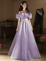 A-Line Off Shoulder Tulle Purple Long Prom Dress, Purple Long Formal Dress