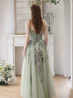 A-Line Tulle Sequin Lace Green Long Prom Dress, Green Long Formal Dress