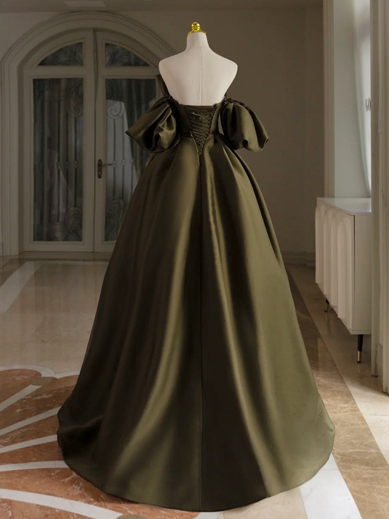 olive green prom dress with sleeves A-Line Puff Satin Long Dress, Olive Green Lon green dress long sleeve