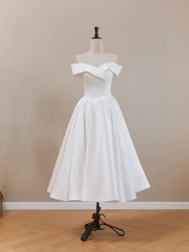 A-line Off Shoulder Tea Length White Prom Dress, White Formal Dress