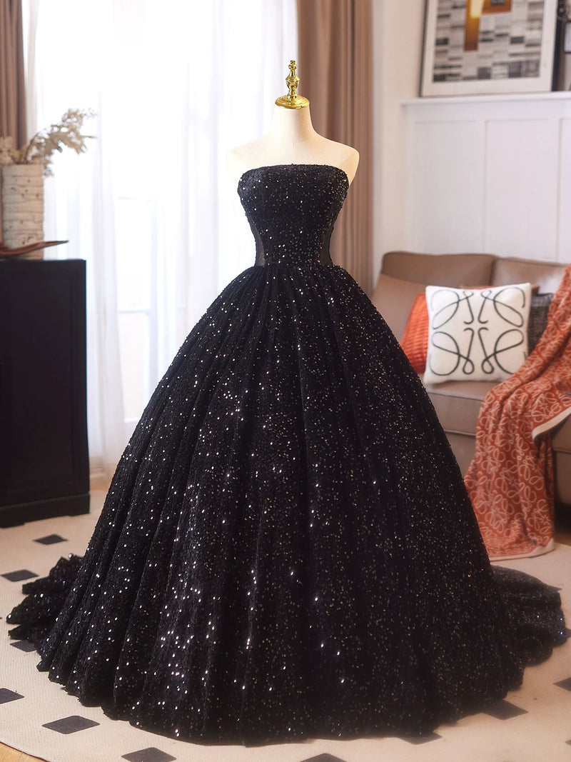 A-Line Velvet Sequin Black Long Prom Dress, Black Long Evening Dress