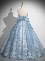 A-Line Sweetheart Neck Tulle Lace Gray Blue Long Prom Dress, Gray Blue Evening Dress