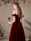 A-Line Off Shoulder Velvet Burgundy Long Prom Dress, Burgundy Long Formal Dress