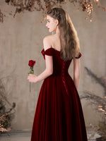 A-Line Off Shoulder Velvet Burgundy Long Prom Dress, Burgundy Long Formal Dress