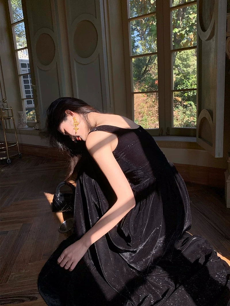 A-Line Velvet Black Long Prom Dress, Black Long Formal Dress