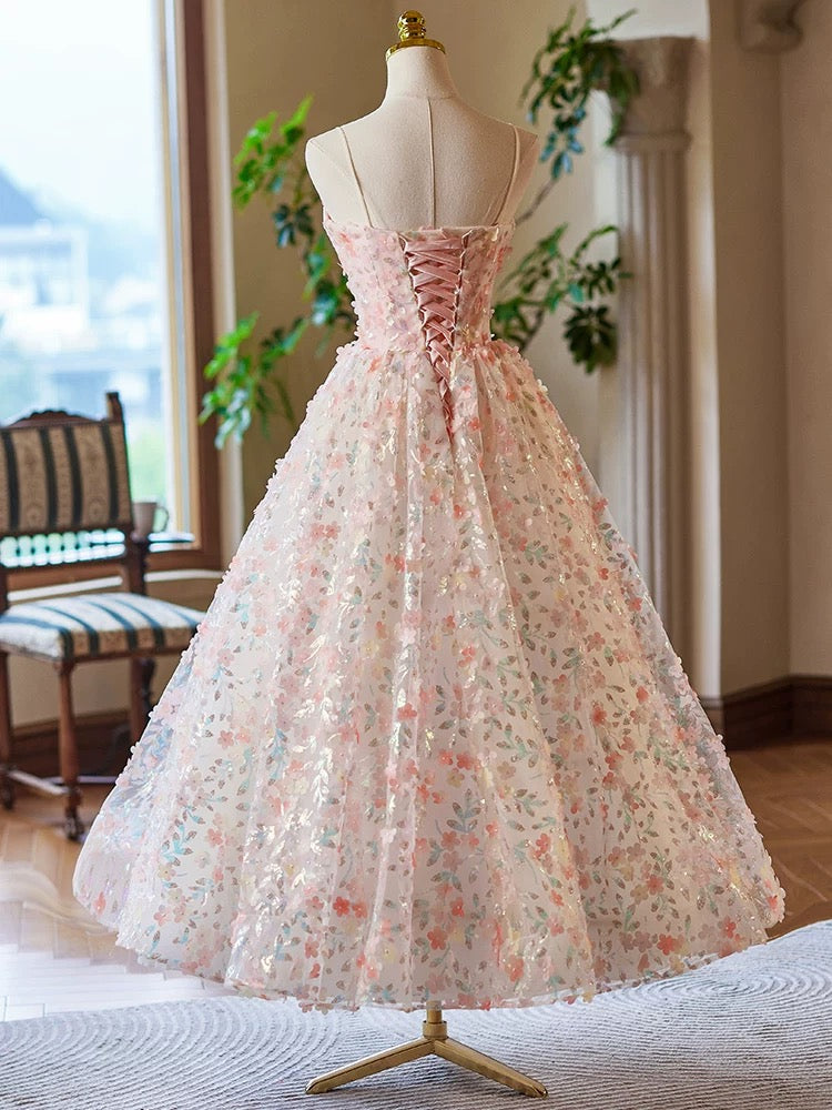 A-Line V Neck Flower Lace Tea Length Pink Prom Dress, Pink Formal Dres – shopluu