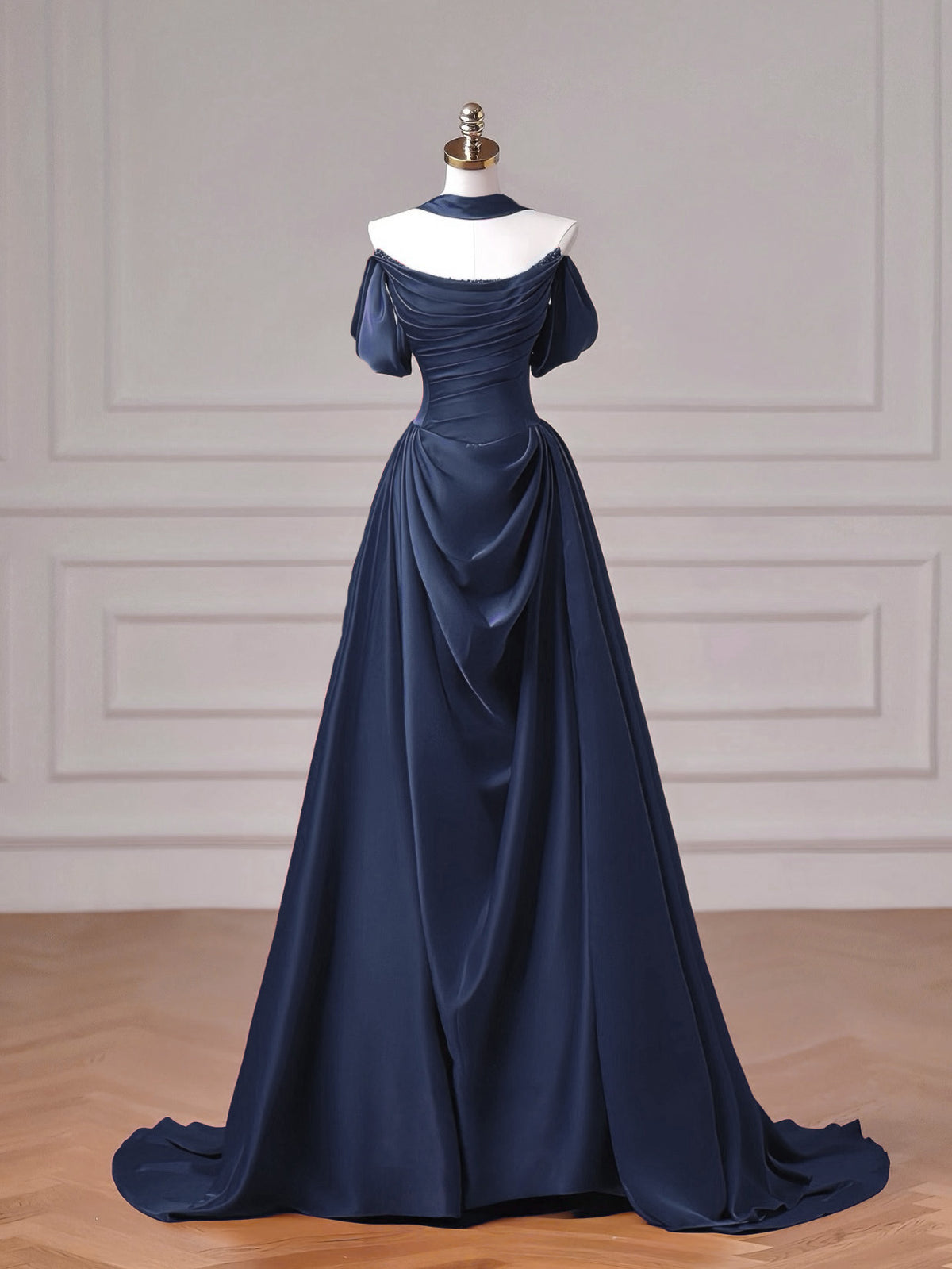 A-Line Spoon Neck off Shoulder Sweep Train Dark Blue Long Prom Dress