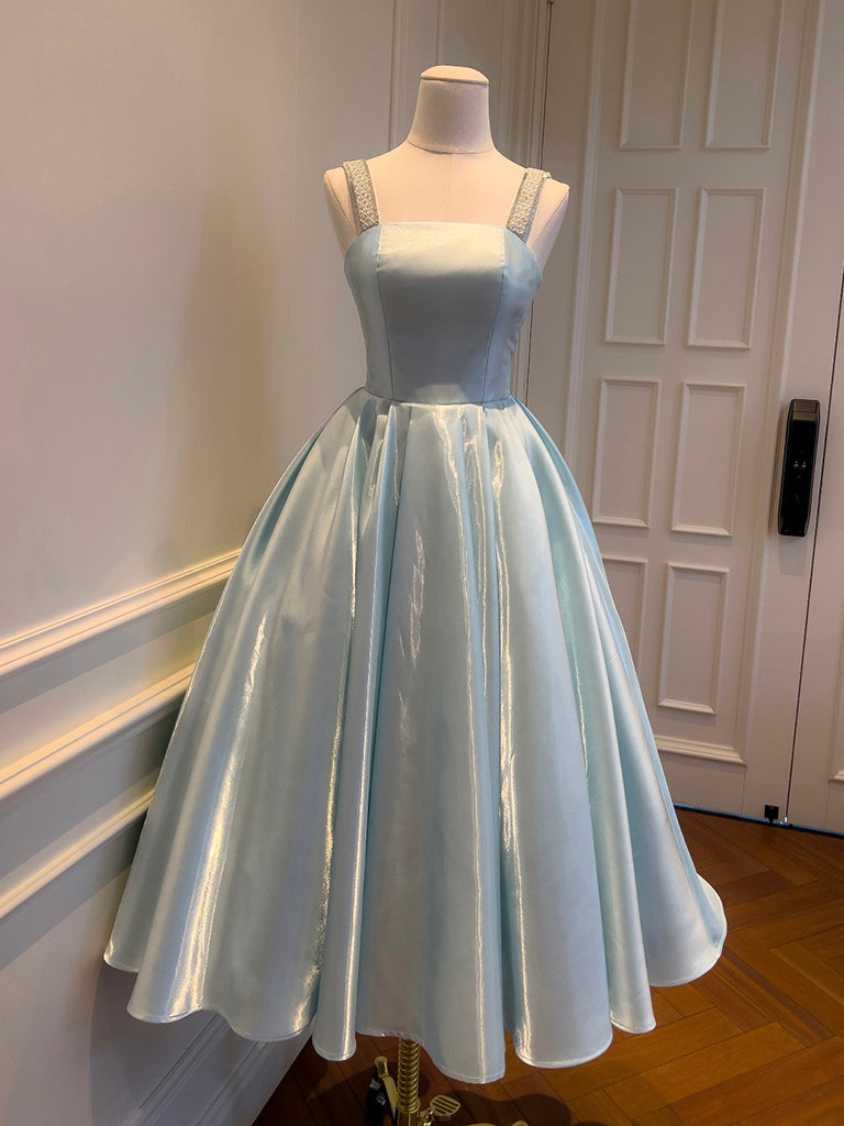 A-Line Tea Length Satin Blue Prom Dress With Beaded Shoulder Straps