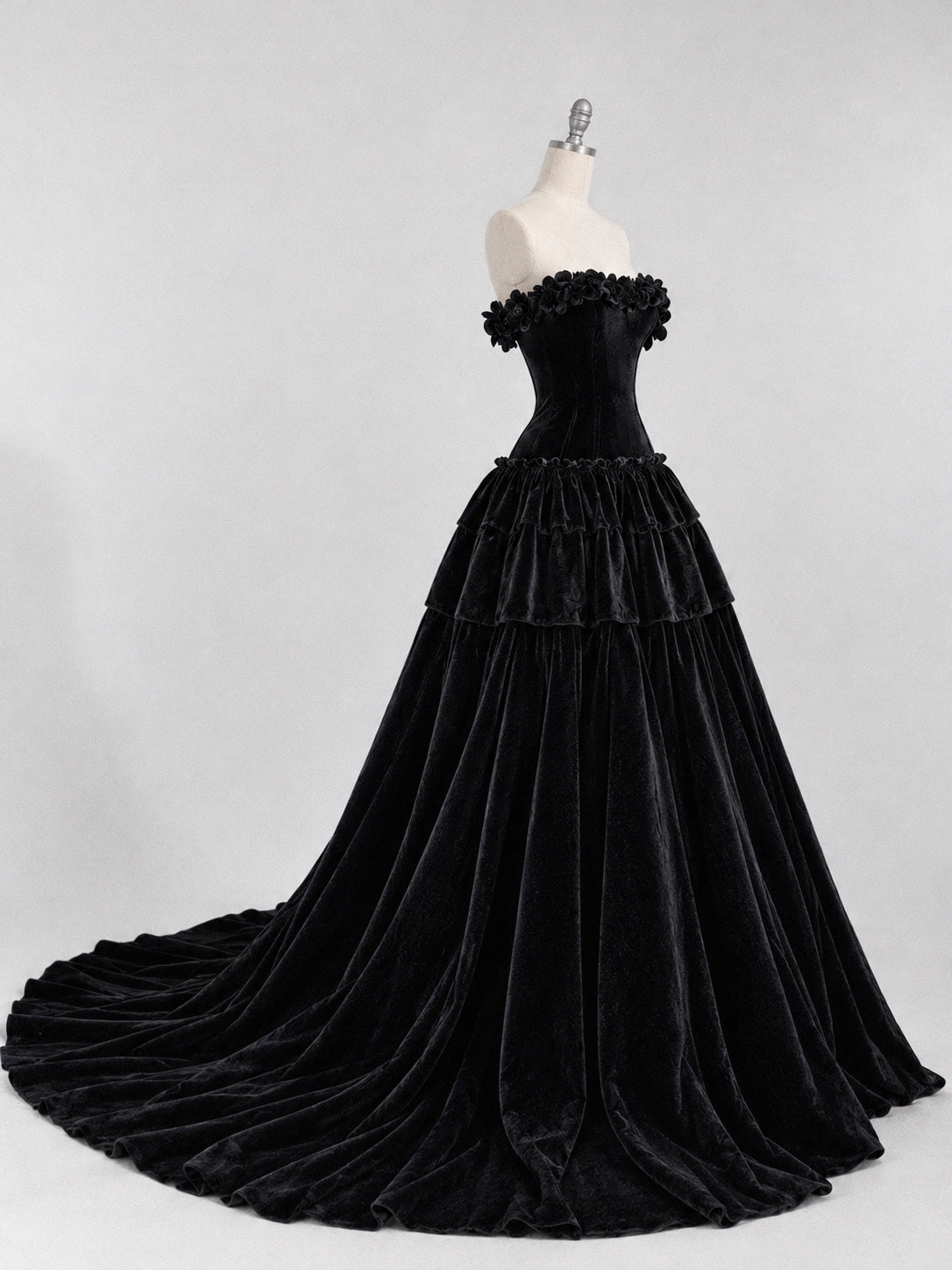A-line Off Shoulder Sweep Train Velvet Black Long Prom Dress with Flowers
