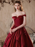 A-Line Off Shoulder Satin Burgundy Long Prom Dress, Burgundy Formal Dress
