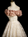 A-Line Off Shoulder Tulle Lace Champagne Long Prom Dress