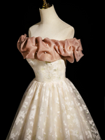 A-Line Off Shoulder Tulle Lace Champagne Long Prom Dress