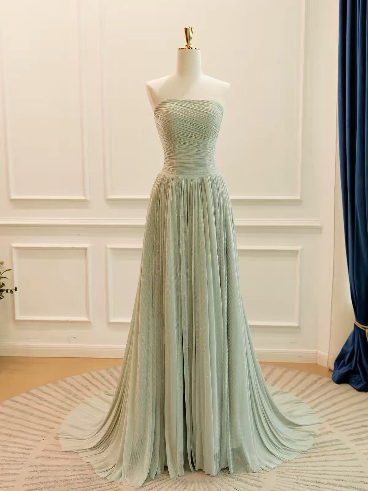 Sage Green Strapless Pleated A-Line Prom Dress with Ruched Bodice and Sweep Train