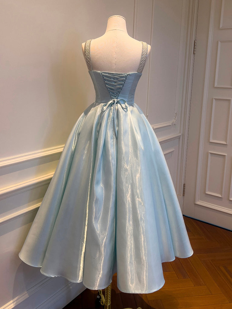 A-Line Tea Length Satin Blue Prom Dress With Beaded Shoulder Straps