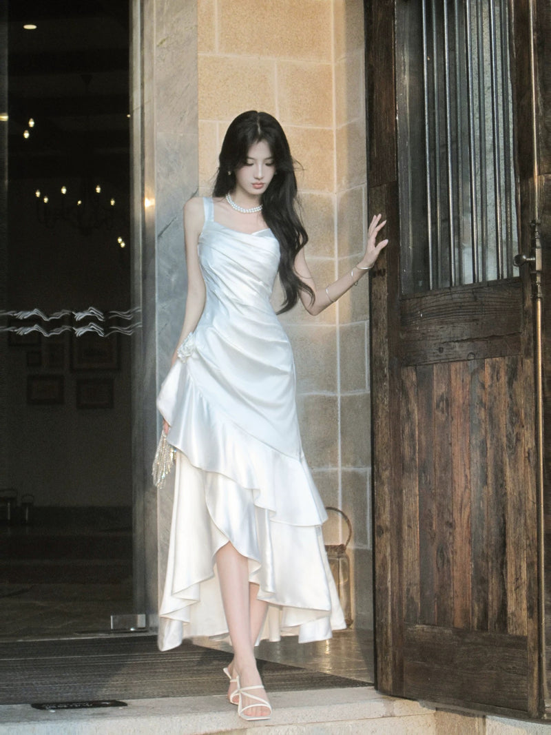 White Mermaid Satin Tea Length Prom Dress, White Long Party Dress