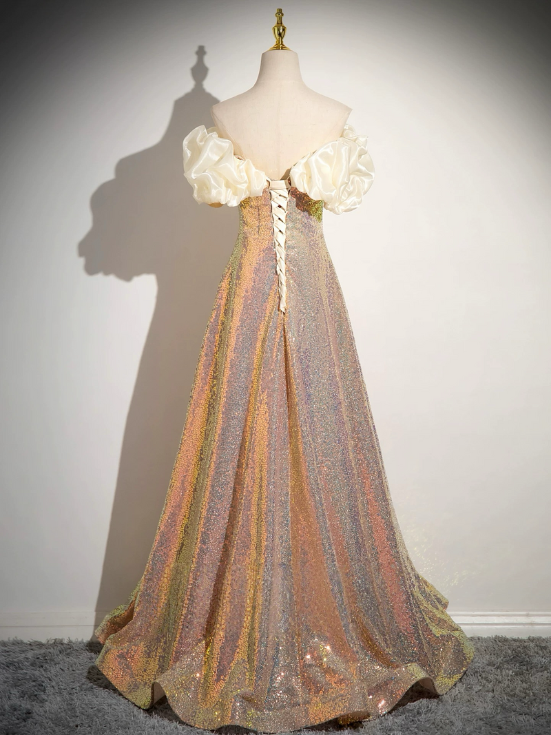 gold off shoulder prom dress Gold Satin V Neck Long Prom Dresses Ball Gowns Off The Shoulder