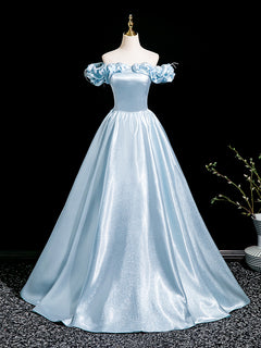 A-Line Off Shoulder Satin Blue Long Prom Dress, Blue Long Formal Dress