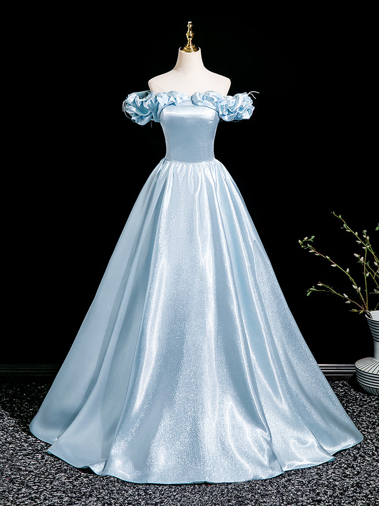 A-Line Off Shoulder Satin Blue Long Prom Dress, Blue Long Formal Dress US 14 / Custom Color A-Line Off Shoulder Satin Blue Long Prom Dress, Blue Long Formal Dress US 14 / Custom Color