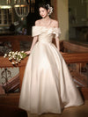 A-Line Off Shoulder Satin White Long Prom Dress, White Long Formal Dress