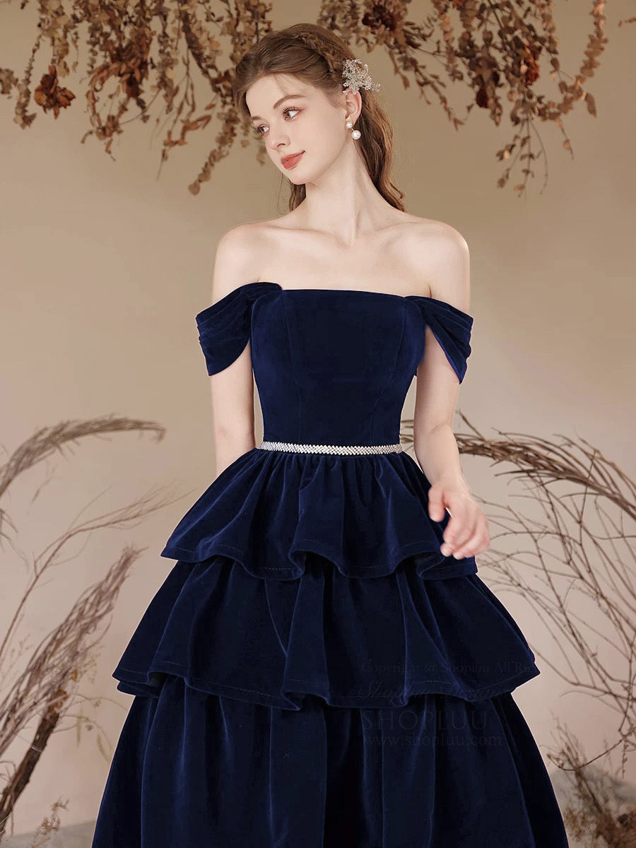 A-Line Off Shoulder Velvet Dark Blue Long Prom Dress, Dark Blue Long F
