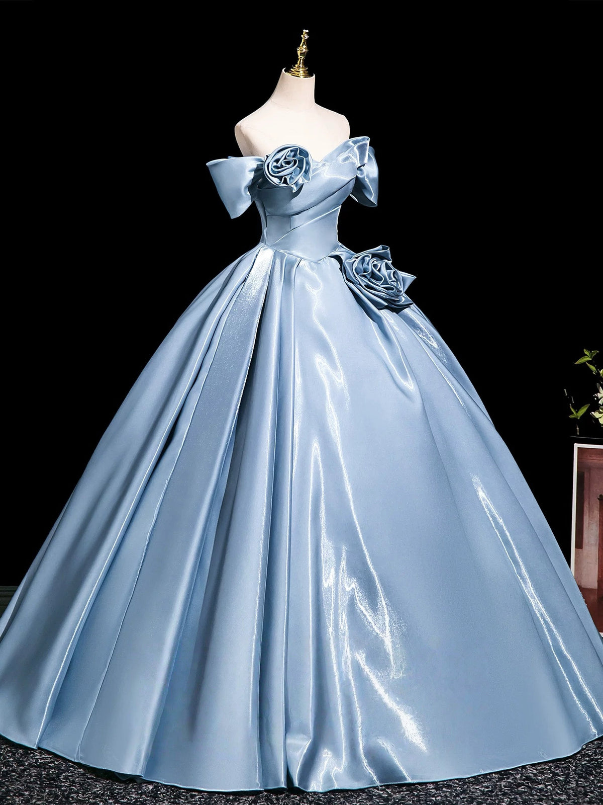 A-Line Off Shoulder Satin Floor Length Blue Long Prom Dress With 3D Flower