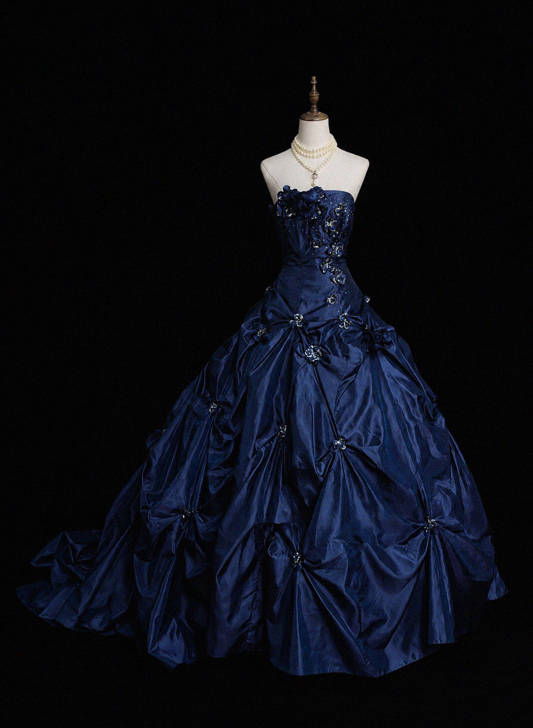 A-line Sweep Train Dark Blue Long Prom Dress with Beads
