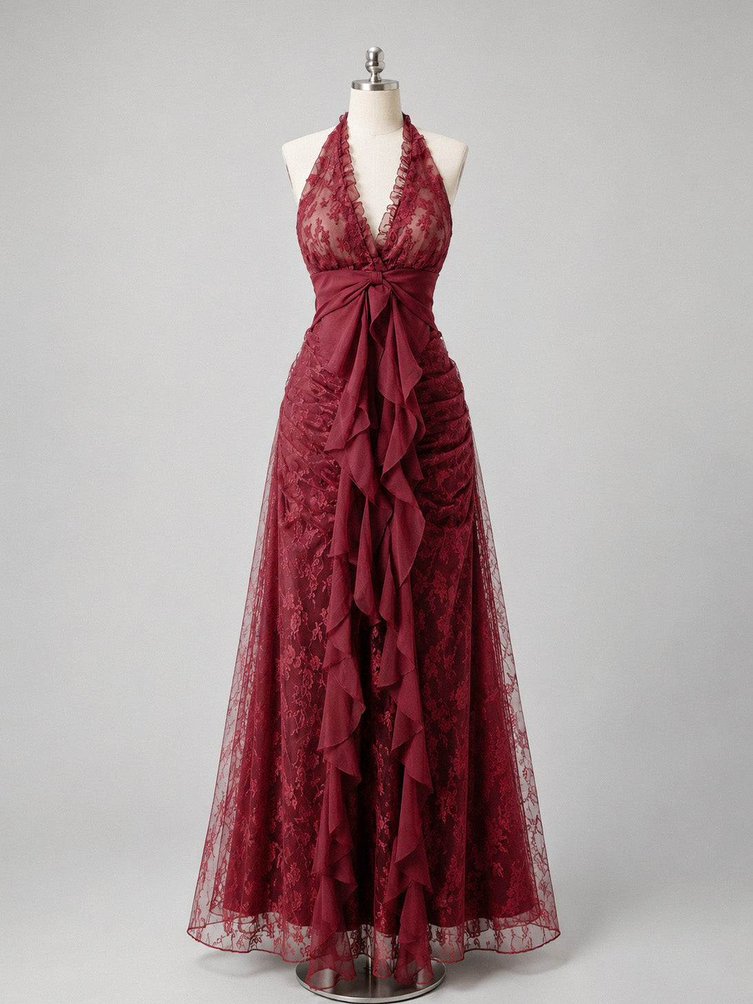 A-line V Neck Tulle Lace Floor Length Burgundy Long Prom Dress