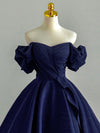 A-Line Off Shoulder Satin Dark Blue Long Prom Dress, Dark Blue Long Formal Dress