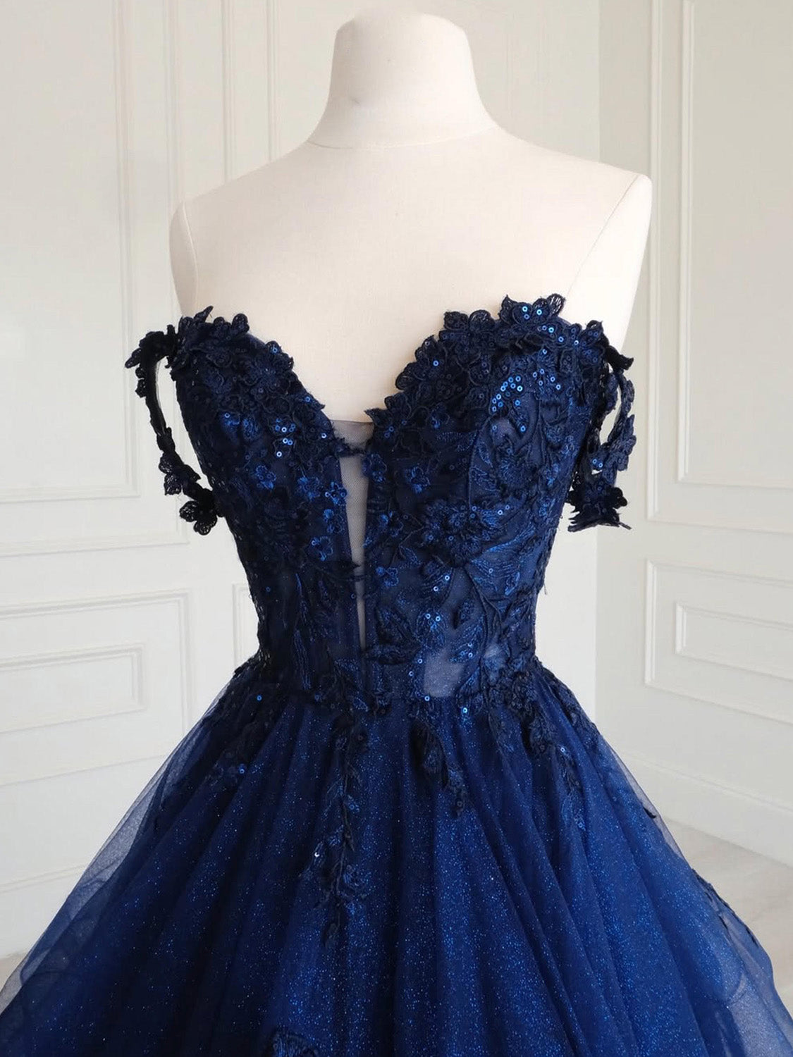 A-Line Off Shoulder Tulle Sequin Lace Blue Long Prom Dress